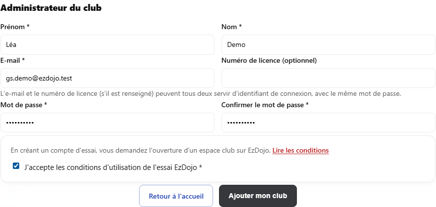 Formulaire d'ajout de club — bloc Administrateur