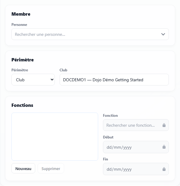 Formulaire d'affectation : personne, club, fonctions