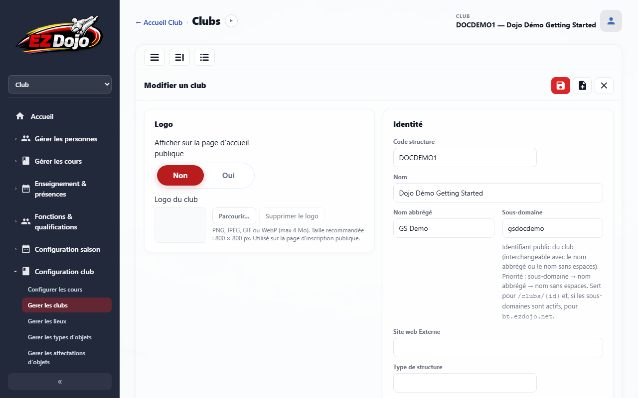Fiche club : identité, logo et paiements