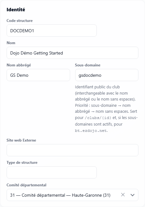 Identité : code structure, nom et sous-domaine public
