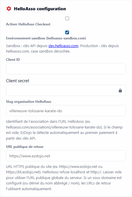 Configuration HelloAsso (clés de production non saisies ici)