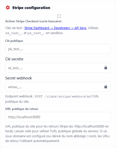 Configuration Stripe (sandbox, sans clés réelles)