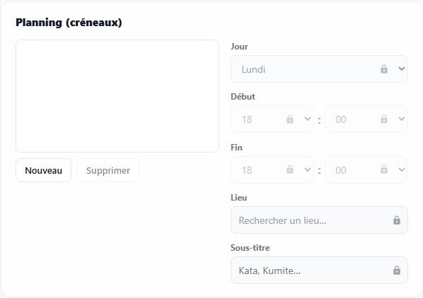Planning : créneaux hebdomadaires du cours