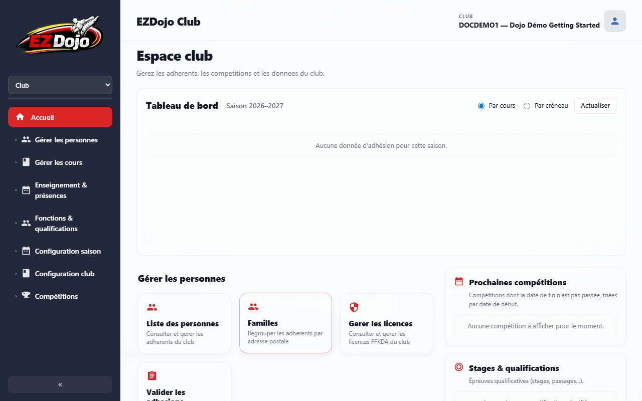 Accueil de l'espace club après connexion